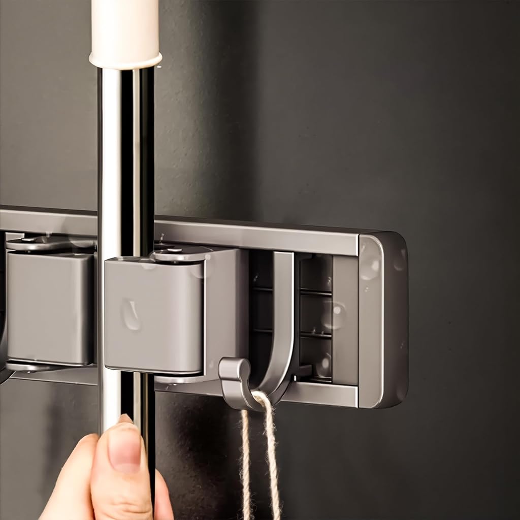 HASTHIP® Aluminum Wall Mop Holder, No Drill Push-in Mop Holder Organizer with 6 Hooks, Space Saving Cleaning Tool Organizer for Bathroom Garage HASTHIP® Aluminum Wall Mop Holder, No Drill Push-in Mop Holder Organizer with 6 Hooks, Space Saving Cleaning Tool Organizer for Bathroom Garage